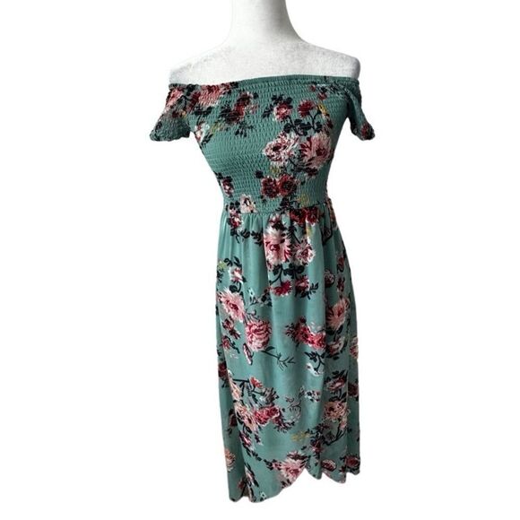 Derek Heart Floral High Low Dress Green Elastic Smocked Top SZ M - Picture 1 of 16